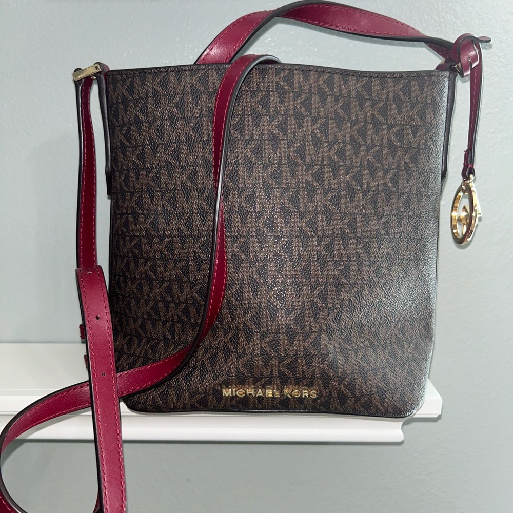 Medium Shoulder Michael Kors Logo Purse with Red Strap and Red Interior